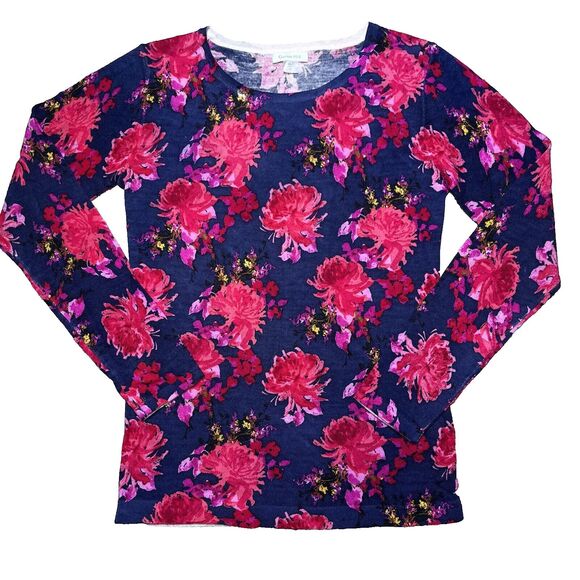 Garnet Hill 100% Merino Wool Floral Sweater Women’s XS Thin Knit Watercolor - Picture 1 of 9
